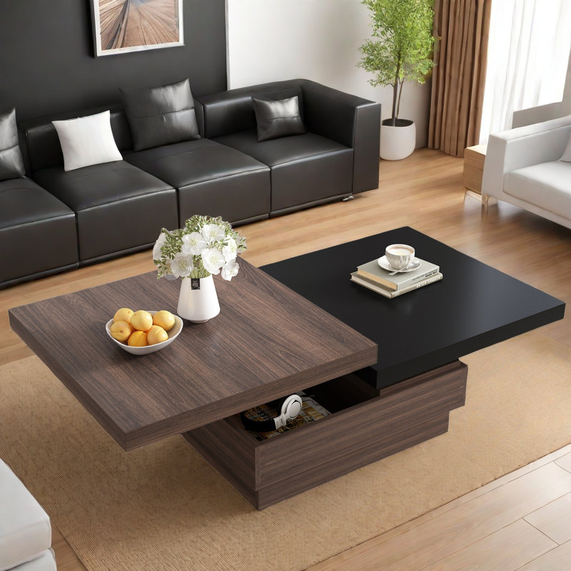 Mohite Modern Square Coffee Table with Rotatable Top, Two Colors Matching and 1 Hidden Storage Space, Black/Brown