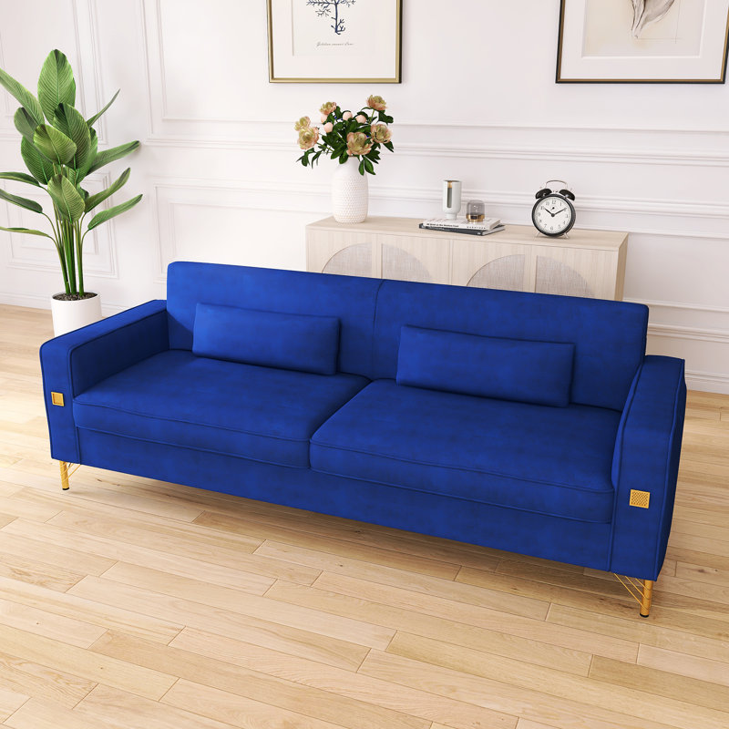 Canapé 85,63 po style Mid-Century moderne avec coussins moelleux et pieds en métal, Bleu rétro
