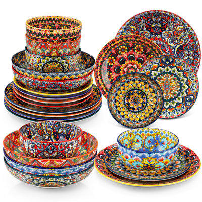 24 Piece Artistic Bohemian Dinnerware Set For 6,Complete Mix & Match Ceramic Table Setting