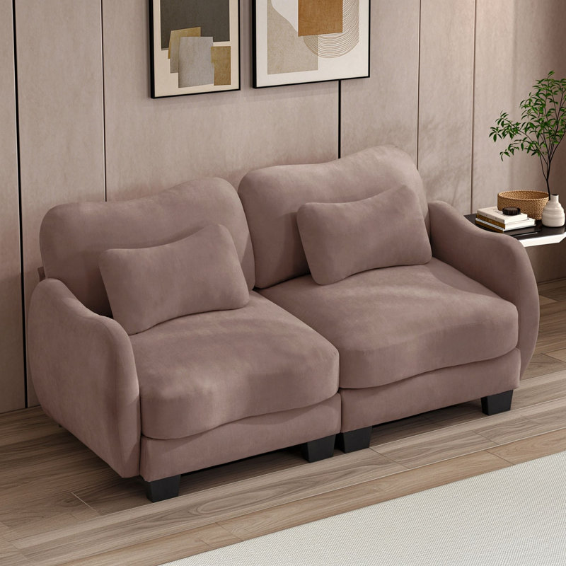 Canapé deux places incurvé en chenille avec coussins lombaires et design ergonomique épuré, Rose poussière
