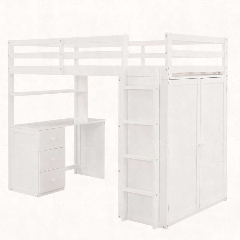 Lit mezzanine avec tiroirs, bureau et garde-robe, Blanc