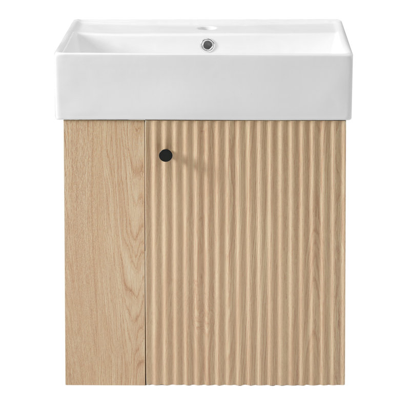 Meuble-lavabo de 21,6 po avec lavabo en céramique, poignée en or rose, porte ondulée, rangement latéral, trou unique, fermeture en douceur, pour meuble-lavabo moderne de petite taille, fixation murale pour meuble compact