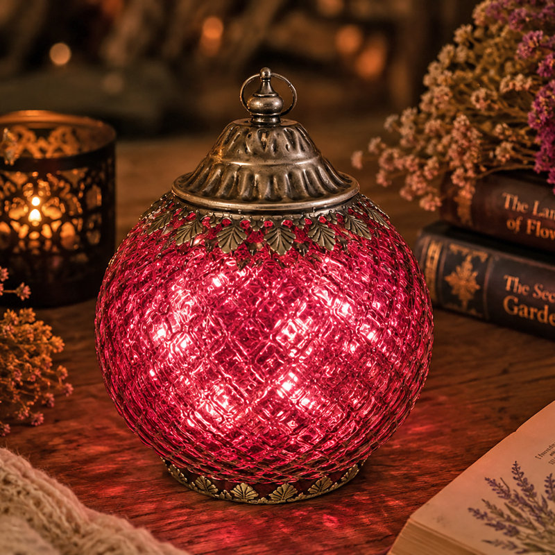 Moroccan Style Glass LED Lantern, Pink/Silver