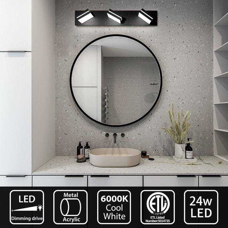 Lequan Fixtures Black Modern 3-Lights Vanity Light Over Mirror Led Dimmable 350°