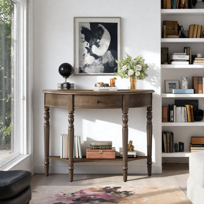 Farmhouse Half Moon Console Table with Drawer & Shelf - Rustic Accent Table, Sofa Table for Entryway