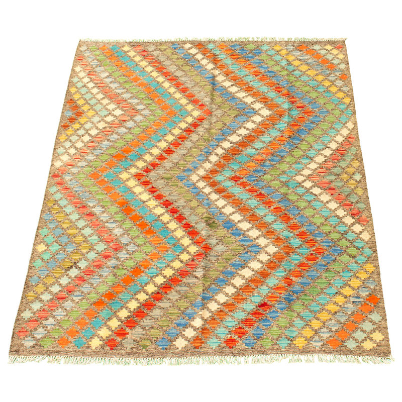Tapis décoratif en laine de conception unique 5 pi 1 po x 6 pi 6 po noué à la main New Age en laine gris foncé/rouge