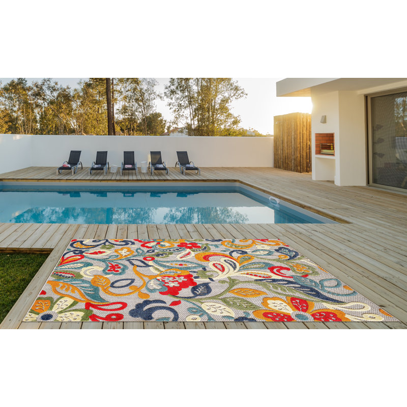 Tapis d'intérieur / extérieur Gahanna, Rectangle 2 pi 2 po x 4 pi, Ivoire / multicolore