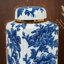 Pot à couvercle Maxon, motifs floraux oiseaux, bordure dorée, porcelaine bleu-blanc 11 pouces