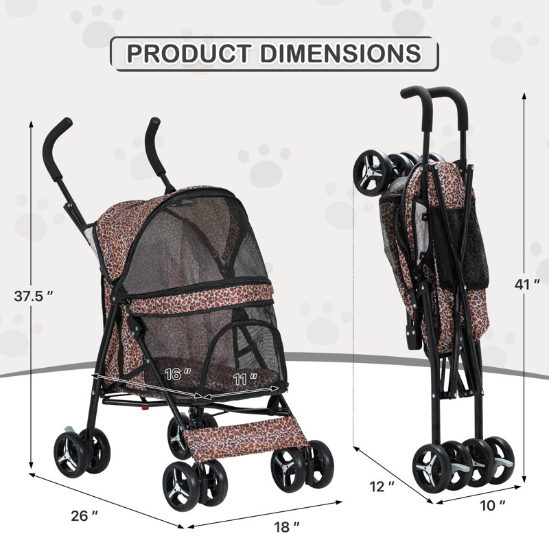 Leopard Print Steel Frame Dog Stroller with Mesh Windows