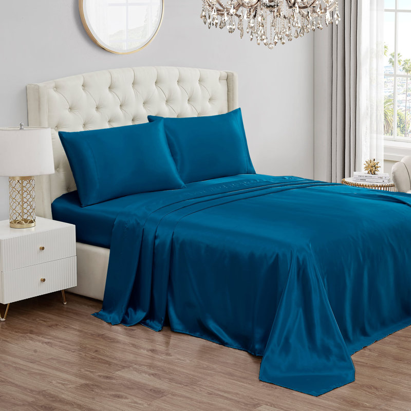 Juicy Couture Premium Silky Satin Sheet Sets, Full Sheet Set with 2 Pillowcases, Blue