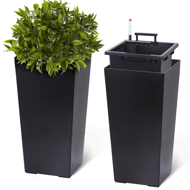 Tall Planters Set of 2 - Outdoor & Indoor Planter Pots with Drainage Holes, Water Level Monitor, Inner Bucket, and Automatic Watering for Front Porch