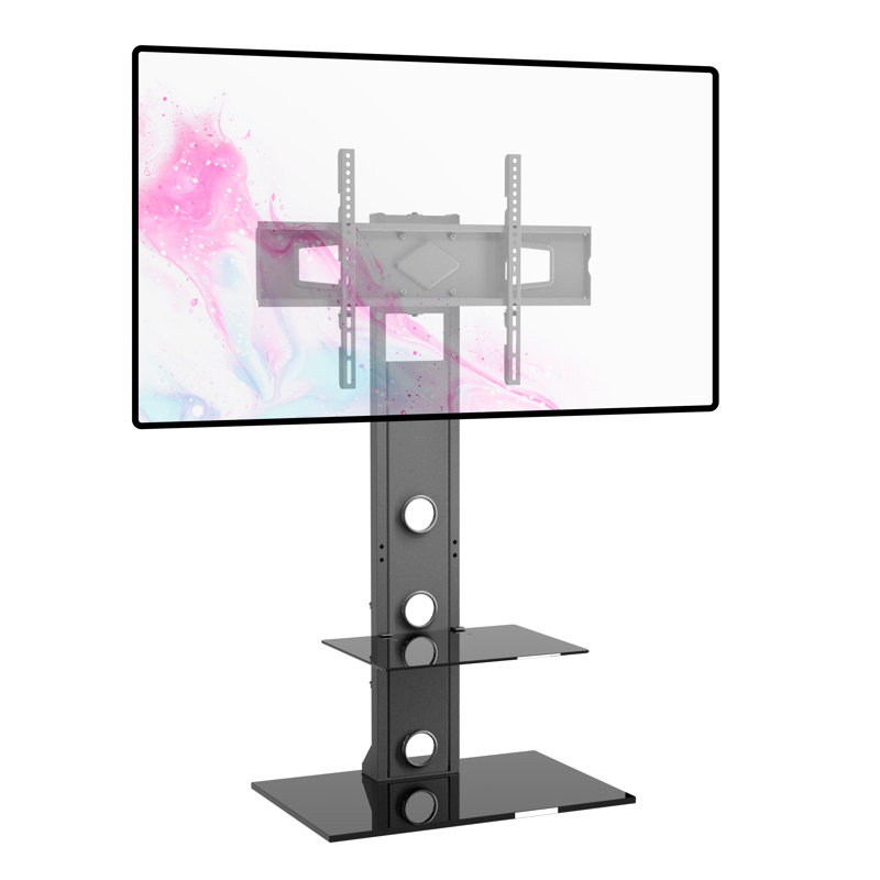 Black Metal Swivel TV Stand with Tempered Glass Shelves