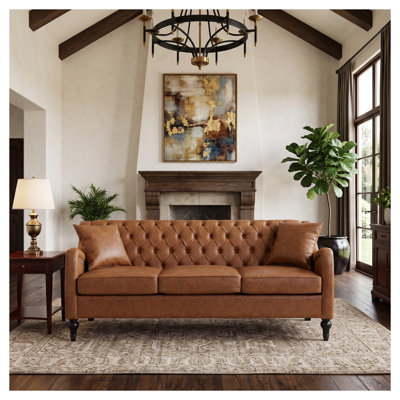 Brown PU Leather 3-Seater Sofa with Tufted Backrest, Nailhead Trim Armrests, Solid Wood Frame & Birch Legs for Living Room