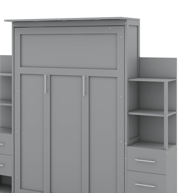 Lit escamotable double avec tablettes, tiroirs et DEL, Gris