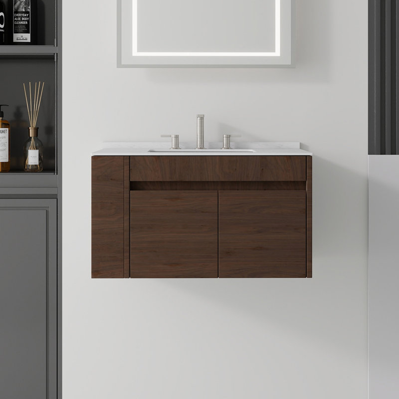 Meuble-lavabo suspendu de 76 cm (30 po) avec lavabo en céramique, comptoir et dosseret en marbre reconstitué, portes à fermeture amortie, tablette de rangement latérale ouverte, armoire en contreplaqué, brun