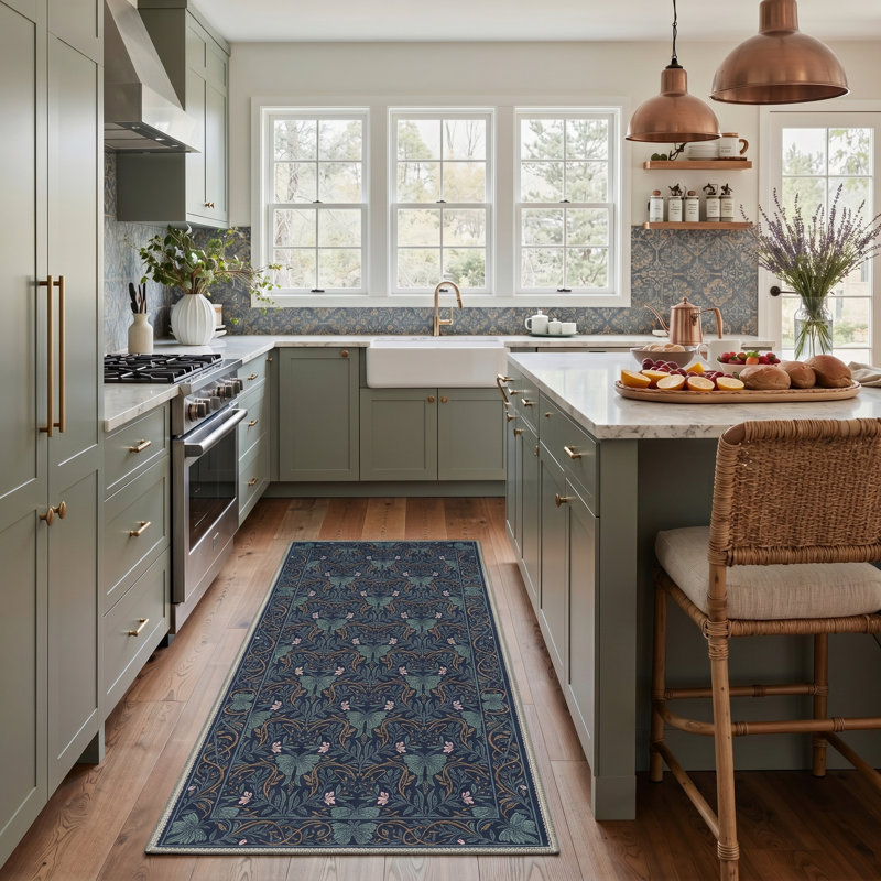 Allendale Vinewood Floral Machine Washable Blue Indoor Area Rug with Non-Slip Backing, Runner 2' x 6'