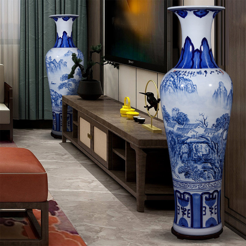 62.99"Jingdezhen hand-painted blue-and-white landscape floor-standing large vase decoration piece, Overal Height - 62.99"