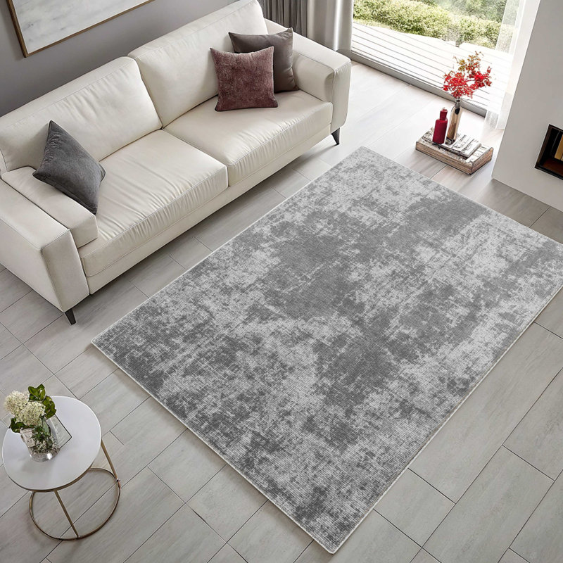 Middlefield Gray Abstract Cotton Chenille Area Rug, Square 4'