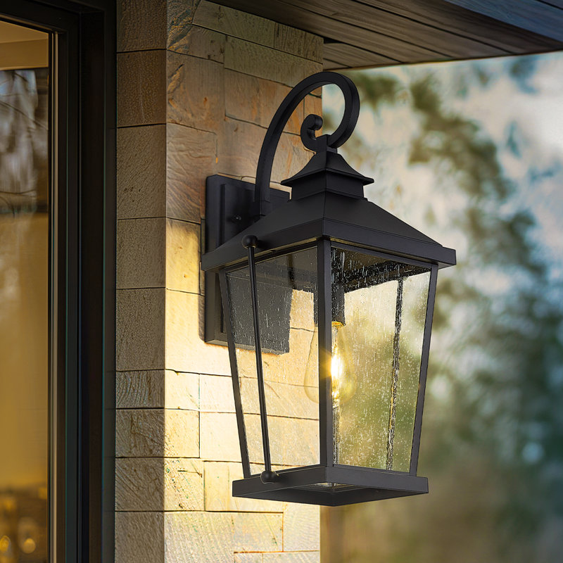 Large Outdoor Wall Light Die-Cast Aluminum In Black Finish Seeded Glass, 22.2" H x 11" W x 11.3" D
