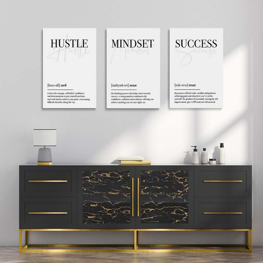 Hustle Mindset Success Wall Art Set Of 3 Framed Canvas Black And White Motiviational Wall Art Home Office Wall Decor Inspirational Positive Quotes Pos