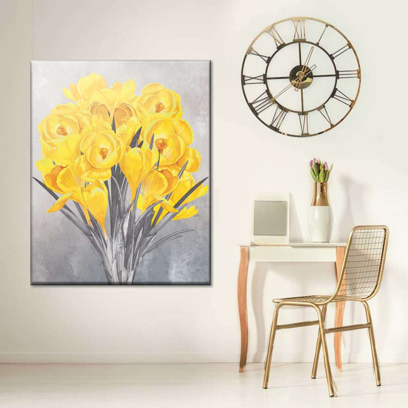 Motif floral jaune sur toile, H 10 po x l 8 po x P 1 po