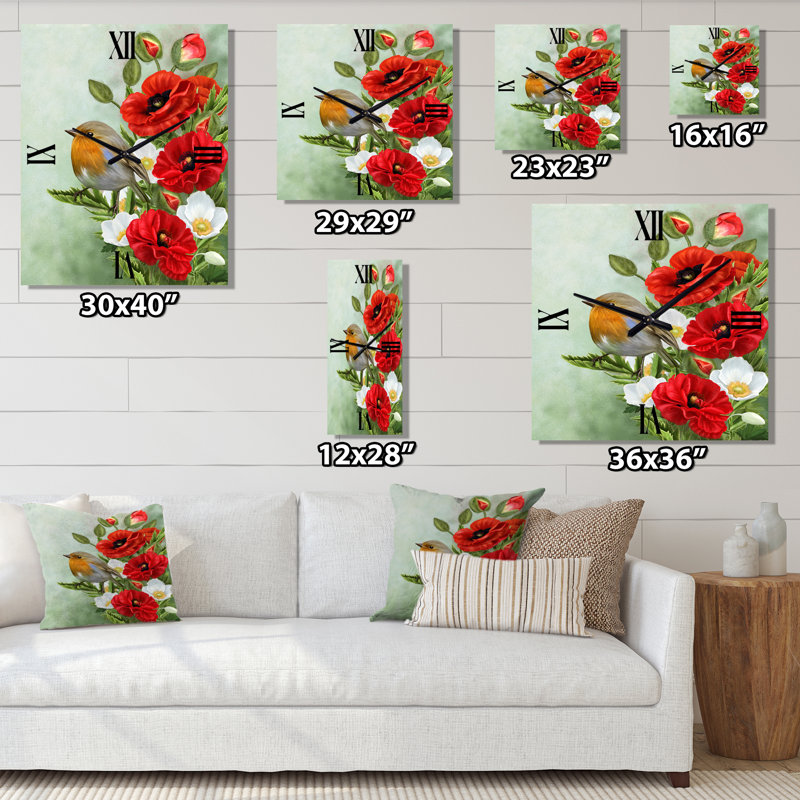Horloge murale oiseau avec coquelicots et anémones, Moyen