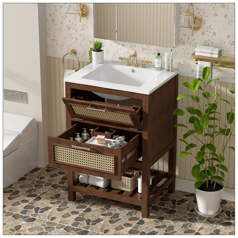 24" Bathroom Vanity With Integrated Ceramic Sink, Bathroom Cabinet With 1 Deep Drawer, 1 Tip-Out Drawer, Single Sink Bathroom Vanity For Small And Medium Restroom
