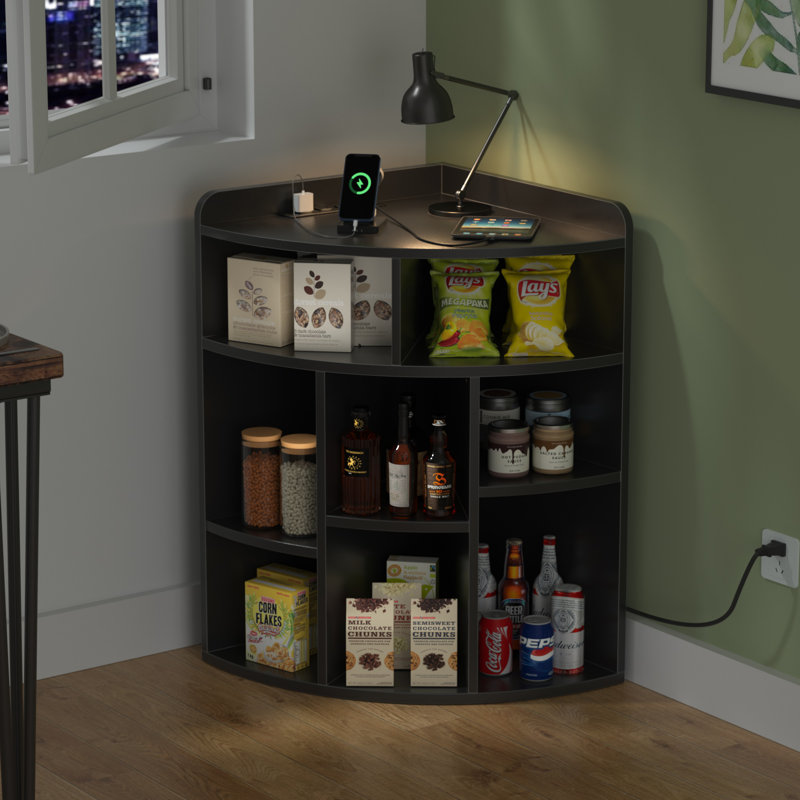 Cayhlin Wooden Corner Cabinet Storage With USB Ports And Outlets, Corner Cube Toy Storage For Small Space, Black