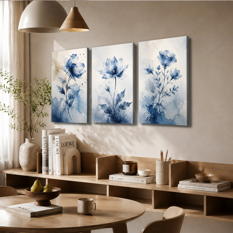 3 panneaux muraux, aquarelle et fleurs bleues, impression sur toile tendue pour le salon, 16 * 24 pouces * 3