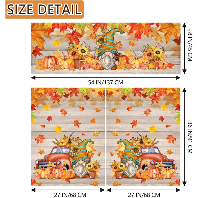 Ensemble de 3 rideaux de cuisine avec lambrequins et cantonnières à motifs de nains d'automne - Rideaux de fenêtre de style ferme avec camion et citrouilles pour les récoltes