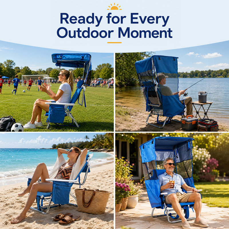 Backpack Beach Chair with Canopy, 5-Position Reclining Portable Folding Beach Lounge Chair with Headrest, Cooler Pocket and Cup Holder, Lightweight Outdoor Chair for Beach, Fishing, Travel (2 PACK)