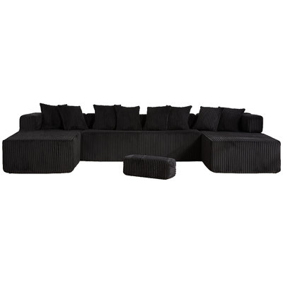 [NOUVEAUTÉ] [VIDÉO FOURNIE] Canapé-lit modulaire convertible en forme de U à 5 places de 146 po, revêtement en velours côtelé de polyester, noir, 8 coussins décoratifs inclus