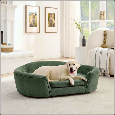 Canapé pour chien surdimensionné ovale semi-fermé avec dossier capitonné (vert olive)