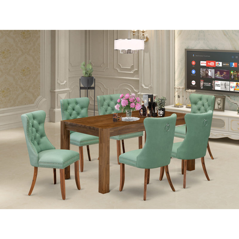 7 Piece Dining Set Includes a Rectangle Rustic Wood Kitchen Table and 6 Chairs, Sandblasting Antique Walnut