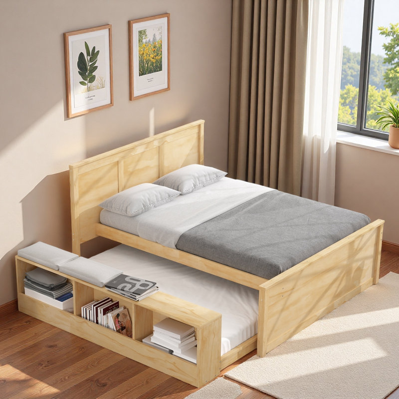 Lit plateforme en bois avec lit gigogne escamotable et compartiments de rangement latéraux, Naturel, Lit double