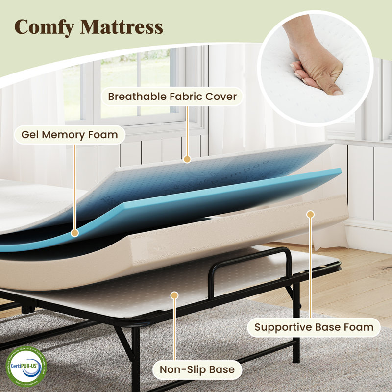 75'' x 38'' Folding Bed w/ Mattress Metal Slat Frame & Gel Memory Foam