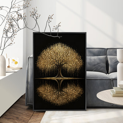 «Golden Tree Reflection» sur fond noir, reproduction d'art encadrée