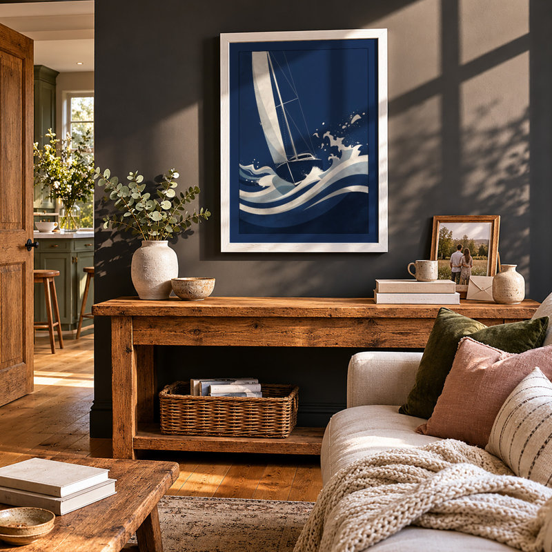 Sailboat in Motion Coastal - Framed Print, A4 - 29.7 x 21.0 cm, White