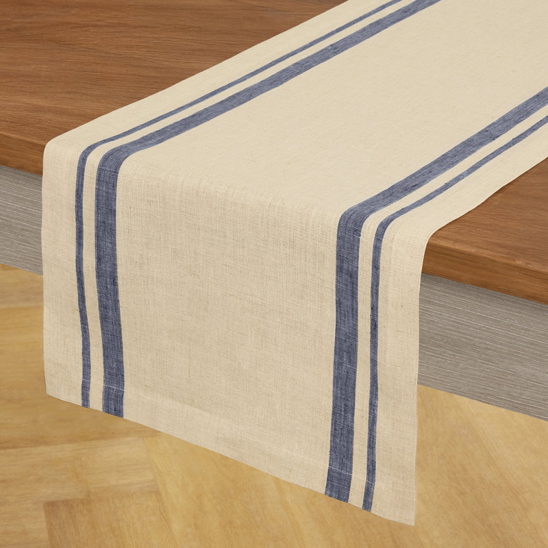 French Stripe - 100% Pure Linen Table Runner, 144" x 14", Navy/Natural