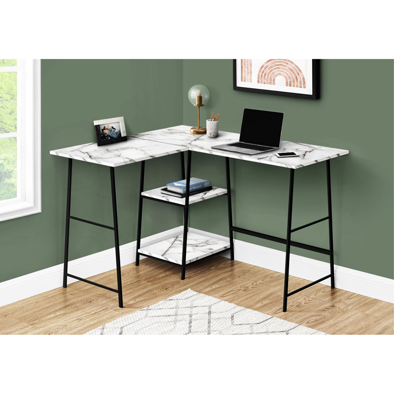 Bureau moderne avec forme en L et options de rangement, stratifié d'aspect marbre blanc, métal noir, forme de maison contemporaine à faible encombrement, l 48 po