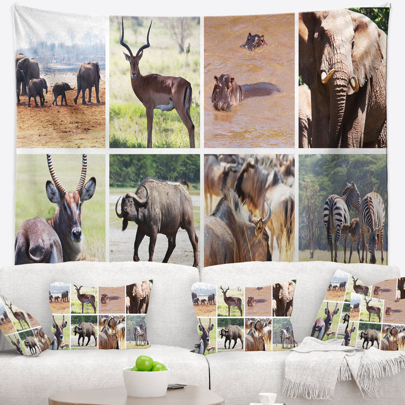 Tapisserie collage animalier, H 32 po x l 39 po