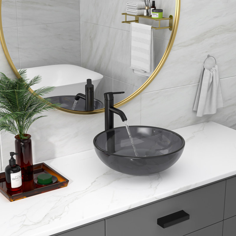 16" L x 16" W x 5.3" H Tempered Glass Bathroom Sink Round Above-Counter Vessel Sink With Pop Up Drain in Gray