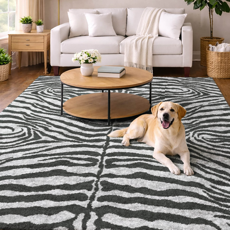 Premium Machine Washable Dream Shag Zebra Rug, Gray, 9' x 12'