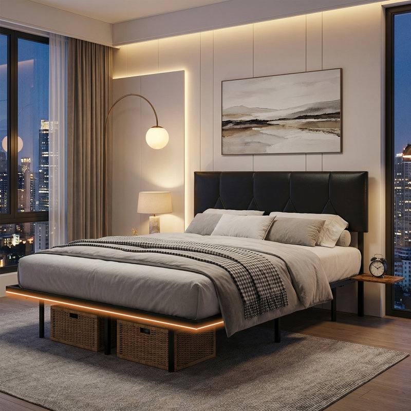 Aether Upholstered Floating Bed Frame with Charging Shelves & Lighting, Metal Platform, No Box Spring Needed, King