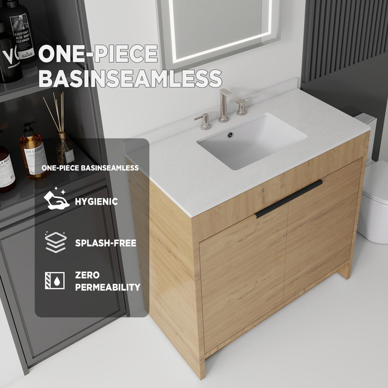 Meuble-lavabo autoportant avec lavabo, Naturel, 36"