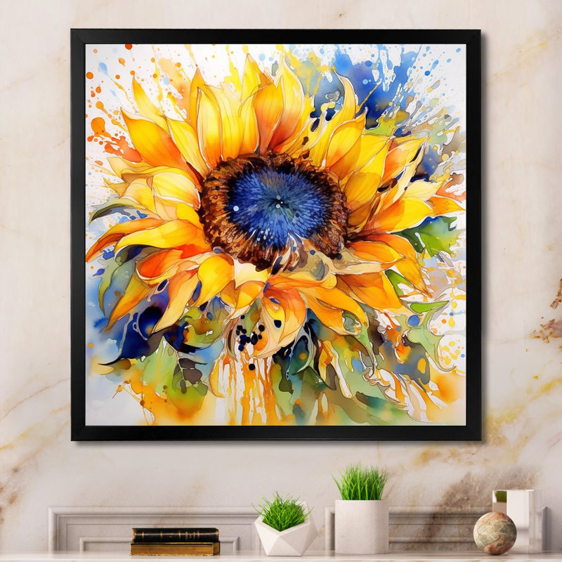 Jaune, bleu, doré, tournesols joyeux - art mural floral, H 16 po x l 16 po, Cadre photo unique, Noir