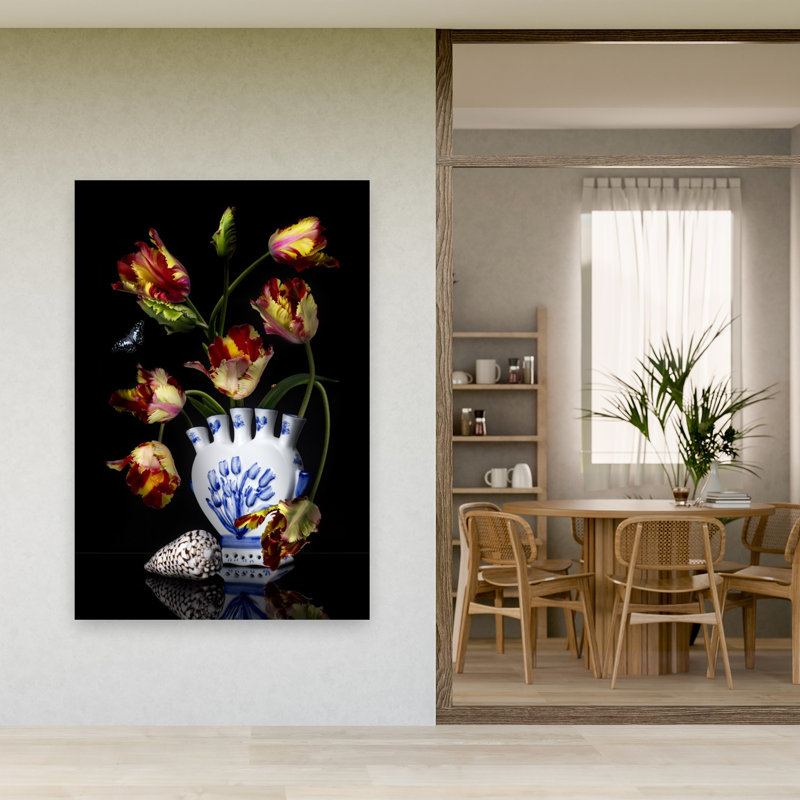 Vibrant Tulips Delft Vase Classic Vibrant Contemporary Butterfly Tulip Flower Nature Wall Art Print by Sander Van Laar - Print