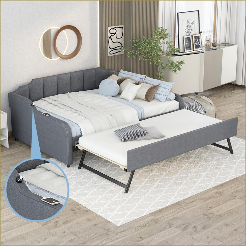 Full Size Upholstered Daybed with Convertible Trundle &amp; USB Charging - Gray Pine Wood MDF Frame for Guest Room
