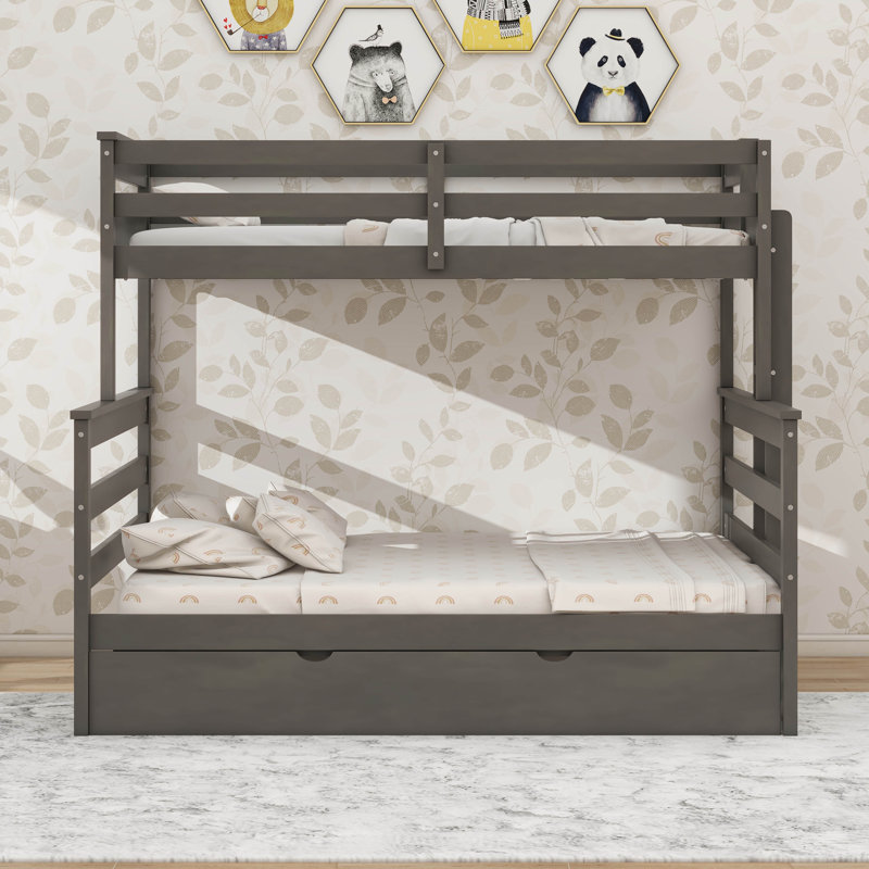 Wood Twin XL Over Queen Bunk Bed With Trundle, Ladder & Safety Guardrail, Can Be Separated Into 3 Beds, Gray