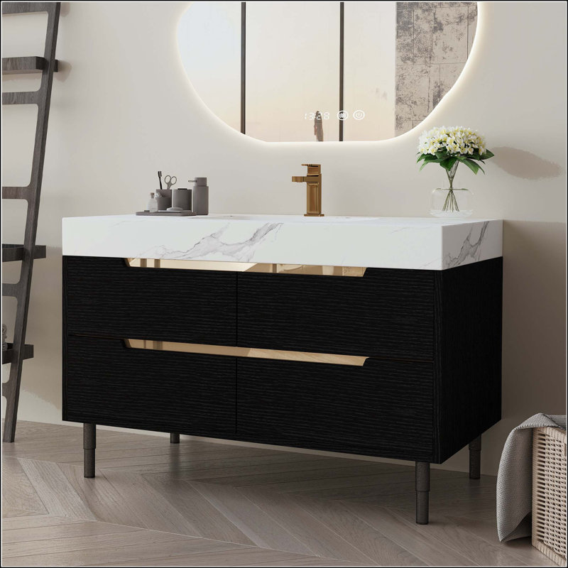 Meuble-lavabo moderne 35,4 po avec plateau en pierre frittée, Black